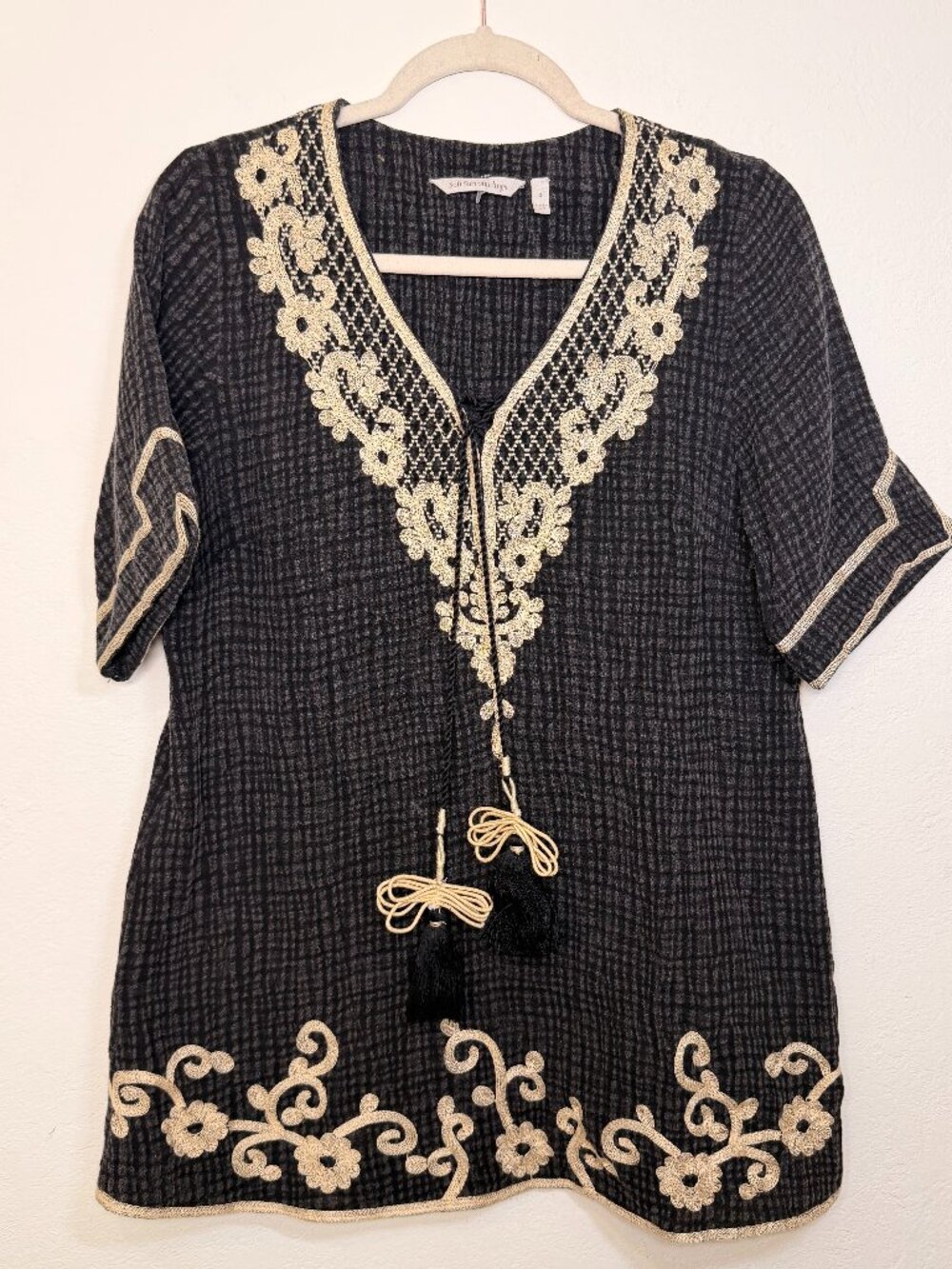 Soft Surroundings Sahara Tunic Gray Black Tan Embroidered Lace Up Gauze Top S